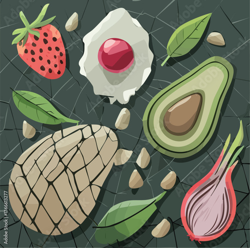 Overhead View of Assorted Healthy Food Ingredients on Dark Textured Surface strawberry