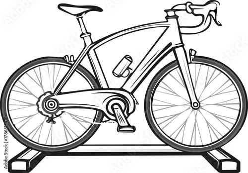 Road bicycle on a stationary trainer with water bottle Keywords: bicycle, bike, road bike, cycling, training, exercise, sport, stationary trainer