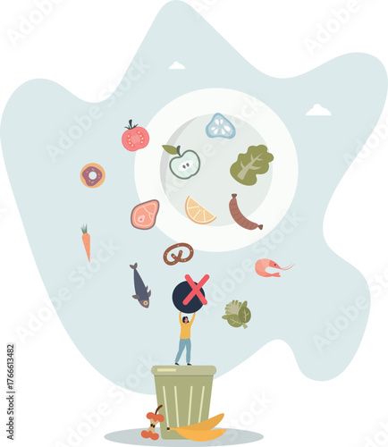 Food waste and meal leftovers garbage reduce awareness.Throw away groceries in trash after shelf life end .life and employment of people.