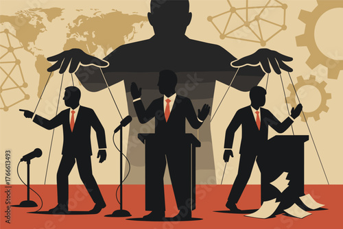 Political Manipulation Concept – Puppet Control of Leaders and Society Illustration