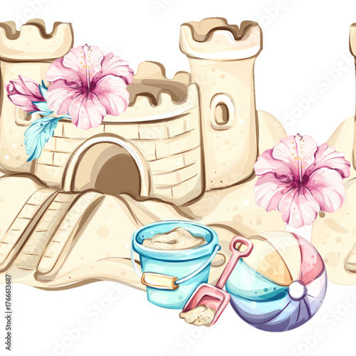 Seamless pattern background wallpaper with a beach theme featuring sandcastles, tropical flowers, and vacation essentials for summer holidays and festive occasions