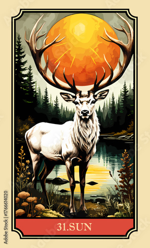 The sun. A comic-style fantasy card from the Lenormand Oracle deck. The classic 5:3 ratio for divination cards.	