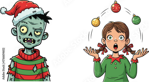 Funny Christmas zombie boy in Santa hat and surprised girl juggling ornaments cartoon illustration for holiday vector design
