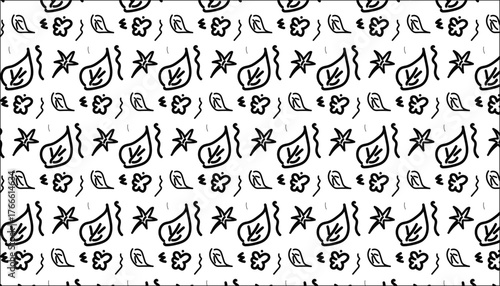 A repeating pattern of simple, hand-drawn organic shapes including leaves and star-like figures on a white background.