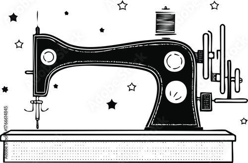 Vintage Sewing Machine Illustration with Stars on White Background Keywords: antique, art, black, classic, craft, creative, design, drawing