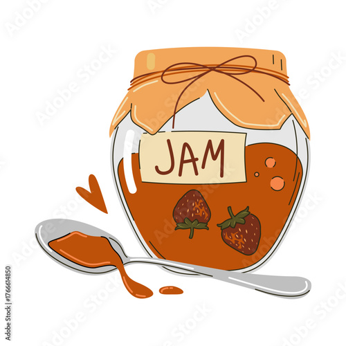 Strawberry jam jar with spoon