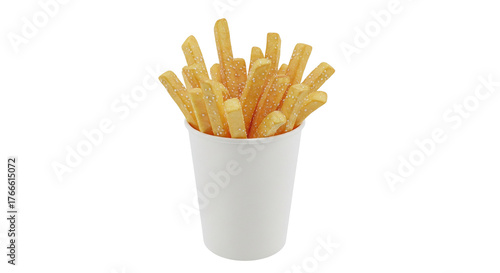 realistic golden crispy french fries in a paper cup, isolated