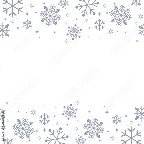 Horizontal banner with pale blue/gray snowflakes and stars framing a white background. Elegant, simple vector design ideal for winter holiday headers, footers, and announcements.
