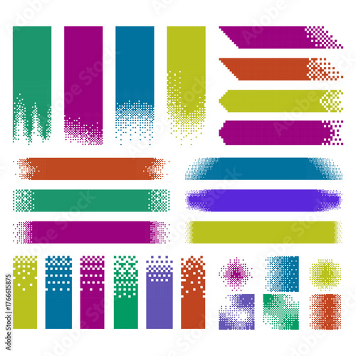 Pixel art banners. Pixelated halftone stripes with pixel dissolve gradient edges, geometric glitch abstract backgrounds and retro digital fading banners vector set