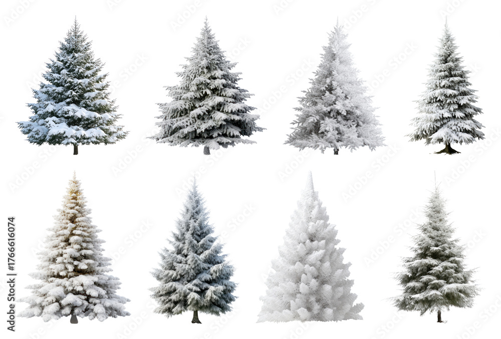 Obraz premium PNG Snow-covered evergreen trees collection, element set on transparent background