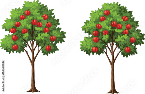 Fruit trees illustration, red fruit canopy, green foliage, stylized nature, productivity contrast, garden design, plant growth, agriculture, harvest, tree artwork