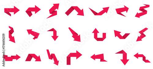 Red arrows. 3D direction pointers. Up, down and left, right origami paper ribbon arrow symbols. Vector isolated set