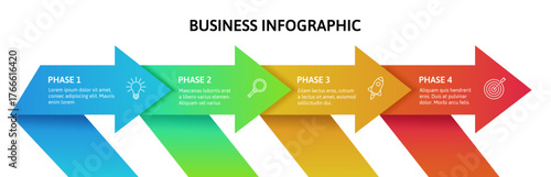 Arrow chart infographic. Business presentation diagram 4 paper arrow steps, process chart, marketing strategy layout. Flowchart roadmap, timeline with four stage. Vector template