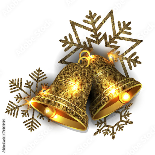 Merry Christmas. Isolated gold textured bell with snowflakes.