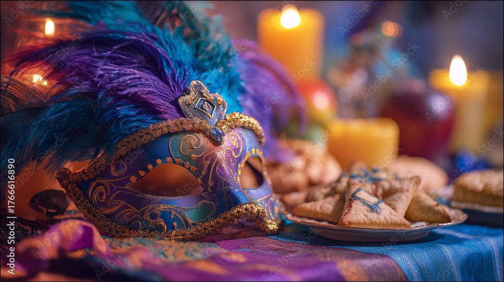 Fototapeta premium Masquerade mask with decorations and feathers on the table set with celebration sweets and bakery and candles. Event banner, Purim holiday background, carnival wallpaper.