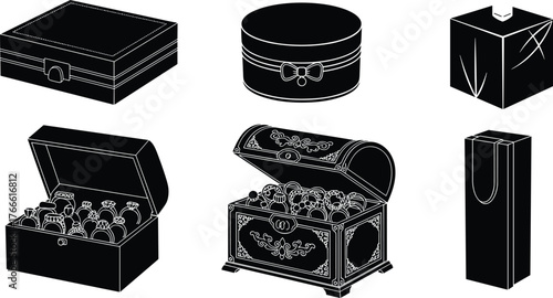Jewelry box silhouettes, ring holders, ornate chest, cube design, round box, gift packaging, black icons, keepsake container, accessory layout