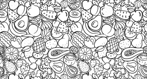 Doodle fruits pattern. Hand drawn pineapple, strawberry and banana, apple and lemon, kiwi and pear, peach and dragon, grape and cherry, orange. Sketch tropic fruit vector texture
