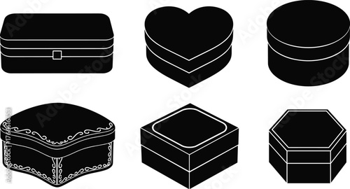 Jewelry box silhouettes, trinket containers, heart-shaped box, cushion design, hexagonal lid, black icons, gift packaging, keepsake storage