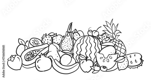 Doodle fruits pile. Hand drawn pineapple, watermelon and banana, apple and lemon, pear and peach, pomegranate and dragon, persimmon and cherry. Sketch tropic fruit vector set