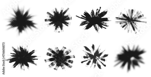 Grunge burst. Abstract halftone explosion, brush stroke firework, boom textured black bubble shape retro comic effect. Vector isolated set