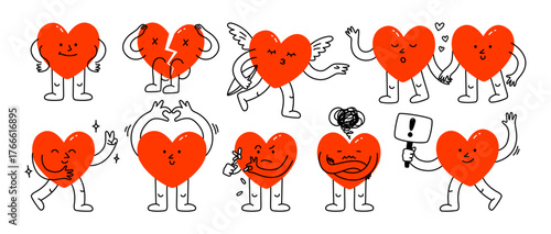 Doodle heart character. Cartoon hearts with face, cute valentines love symbols with broken heart and heart with wings, comic hand drawn doodle characters and romantic illustration vector set
