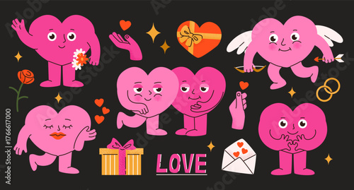 Doodle love character. Heart shaped figures, cute cartoon characters with wings and arrow, romantic gift box and wedding ring, love letter and rose flower. Valentines day symbols vector set
