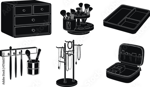 Makeup and jewelry organizer silhouettes, drawer unit, rotating brush holder, wall rack, travel case, black icons, beauty gear, storage layout