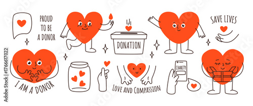 Doodle charity heart character. Donation box, hearts in jar, donate with love, charity app on smartphone, hands holding heart and donor elements. Fundraising vector set