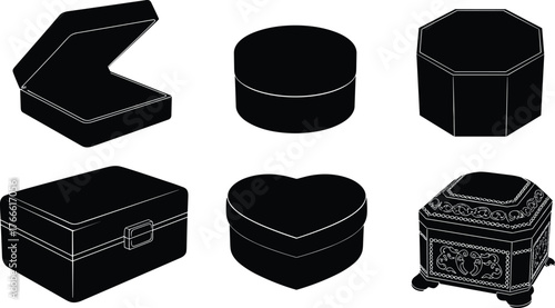 Jewelry box silhouettes, trinket containers, heart-shaped box, ornate chest, octagonal lid, black icons, gift packaging, keepsake storage