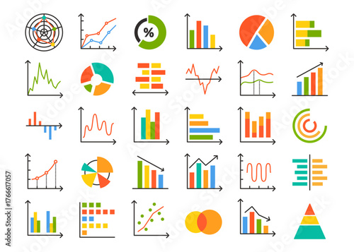 Graph and chart icons. Diagram and infographic elements, business data visualization with pie charts, bar graphs, line diagrams and statistic reports. Information analysis vector set