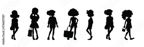 Group of children standing in a row black silhouette vector. Little boys and girls silhouette icon set vector isolated on a white background, vector illustration.