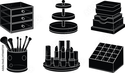 Makeup organizer silhouettes, drawer unit, rotating stand, brush holder, lipstick rack, grid container, black icons, beauty gear, cosmetic storage