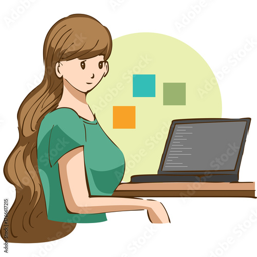 Woman With Long Brown Hair Wearing Green T-shirt Working on Laptop Computer on a Wooden Desk With Abstract Shapes in the Background