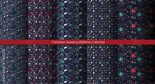 Winter Seamless Vector Collection of Floral Patterns with Green Branches, Leaves and Stars on a dark Blue Background
