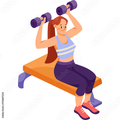 Woman with long brown hair wearing a white and blue striped crop top and dark purple leggings lifting dumbbells while sitting on a gym bench indoors