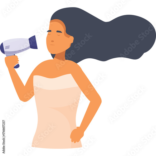 Woman With Long Dark Hair Drying Her Hair With A White Hair Dryer Wearing A White Towel Isolated On Transparent Background With Warm Lighting