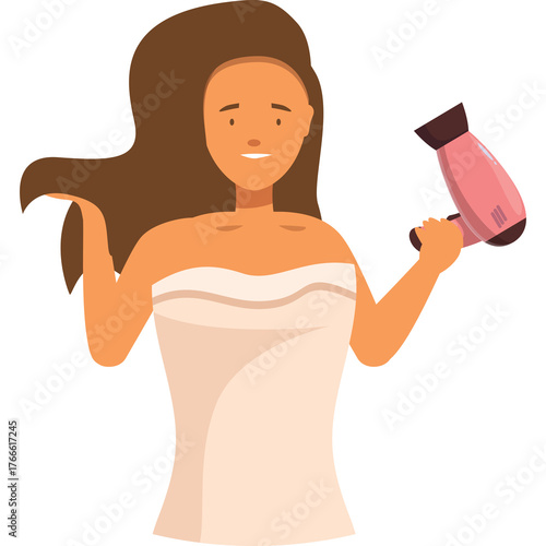 Woman With Long Brown Hair Wrapped In A Towel Holding A Pink Hair Dryer With Her Arms Up In A Studio Shot Against A Transparent Background