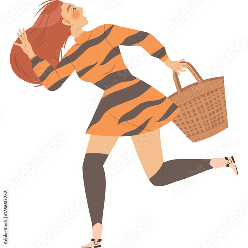 Woman with Long Red Hair Wearing an Orange and Black Striped Dress Carrying a Wicker Basket