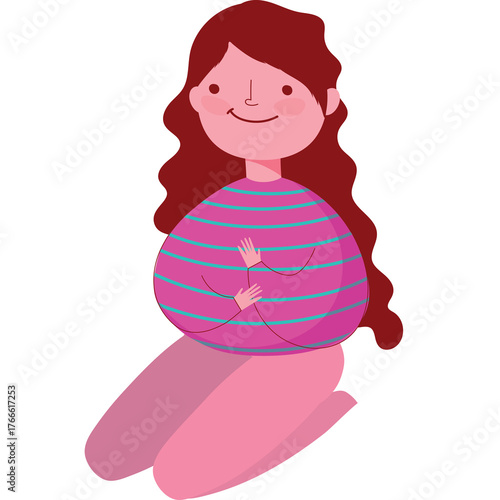 Woman with Long Wavy Red Hair Wearing a Striped Magenta and Teal Sweater and Pink Pants Kneeling with Hands Clasped Together in a Playful Pose