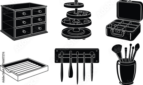 Makeup organizer silhouettes, drawer unit, rotating stand, travel case, brush holder, wall rack, tray layout, black icons, beauty gear