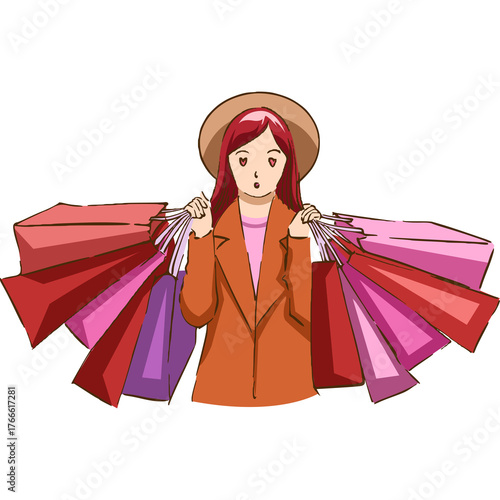 Woman With Many Shopping Bags In Pink And Red Colors Wearing A Brown Jacket And Hat A Portrait Of A Happy Shopper Holding Her Purchases After A Day Of Shopping