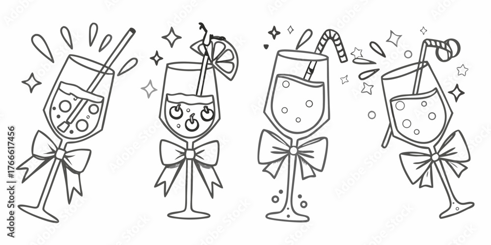 Obraz premium Whimsical hand drawn outline illustrations of four festive drinks with bows and bubbles