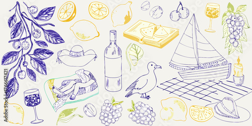 Summer picnic and sailing scene with fruits wine and a sailboat illustration