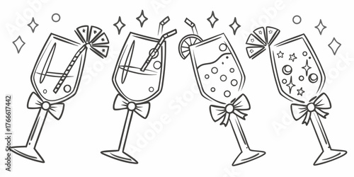 Four elegant champagne glasses with bows and festive garnishes celebrating a special occasion