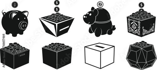 Piggy bank silhouettes, coin boxes, savings containers, cube and polyhedron shapes, black icons, money storage, financial accessory, playful design