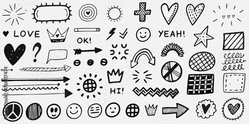 Collection of hand drawn doodle icons and symbols including hearts stars smiley faces arrows and text for design