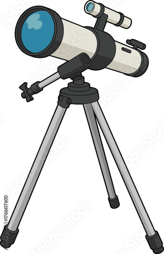 Telescope illustration, astronomy equipment drawing, stargazing tool, space exploration, science education, tripod mount, optical instrument, cartoon style, learning, vector
