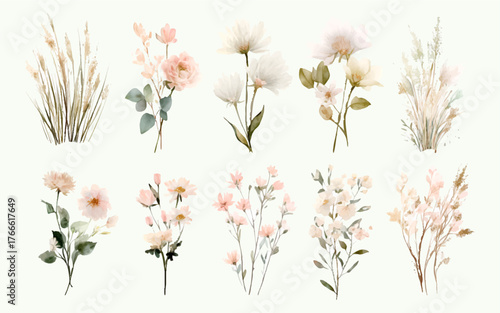 Set of hand-painted watercolor florals and dried grass bouquets in blush pink and soft white, perfect for invitations, weddings, and decorative designs