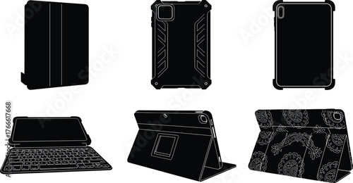 Tablet case silhouettes, folio cover, rugged design, keyboard attachment, kickstand stand, floral pattern, black icons, tech gear, accessory layout