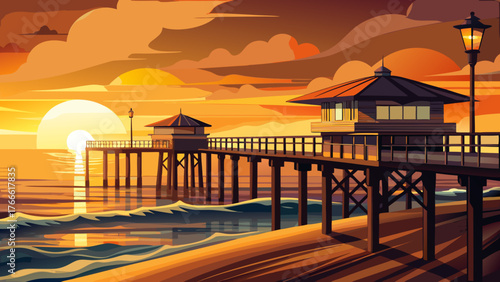Very beautiful, sunset over the San Clemente Pier, Orange County, California, USA, golden sky, calm ocean waves, silhouetted pier, serene coastal atmosphere, and breathtaking evening scenery along the